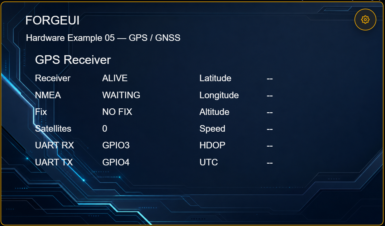 ForgeUI Studio preview of Hardware Example 05 GPS and GNSS